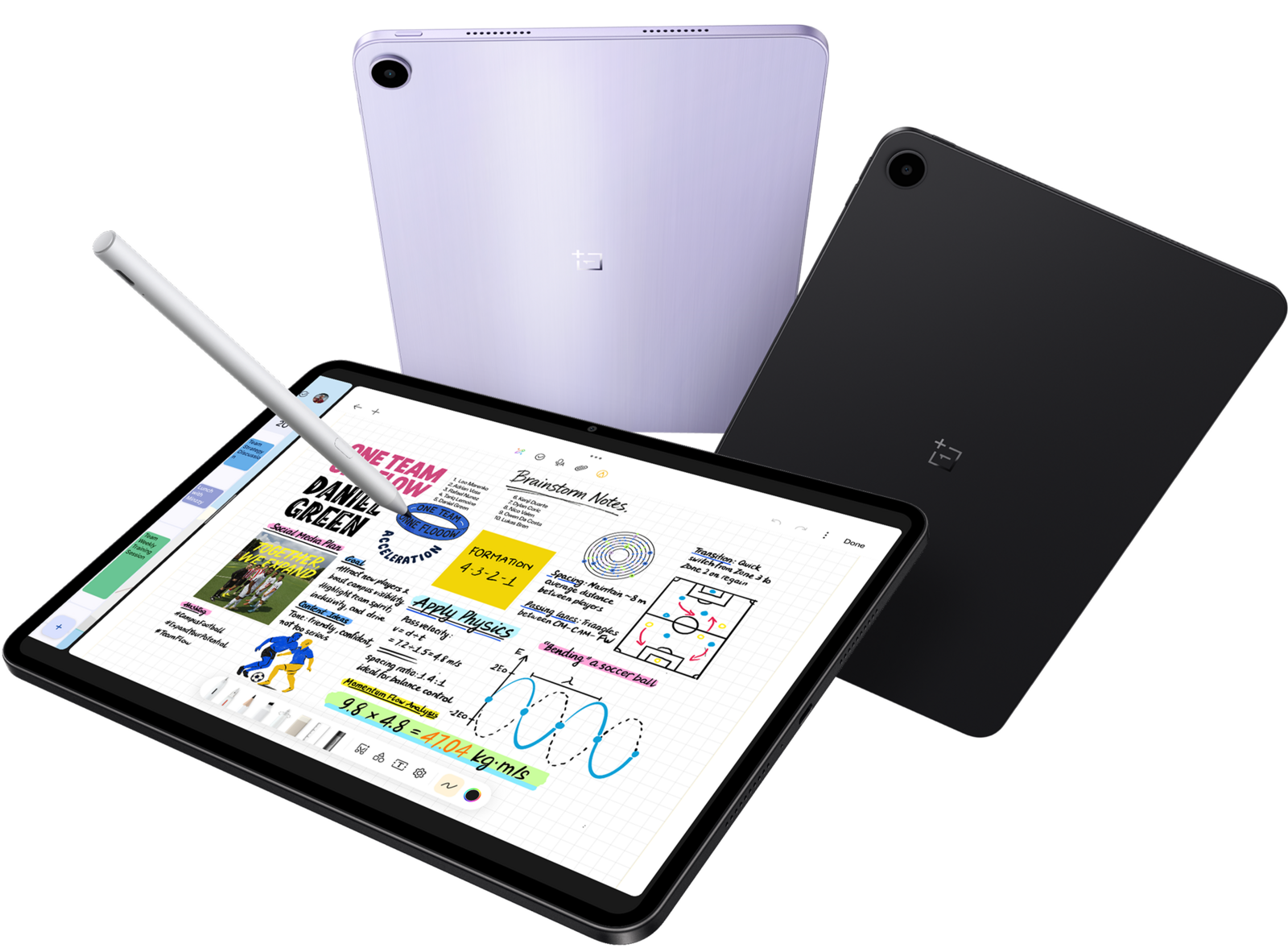 OnePlus Pad Go 2 i Lavender Drift och Shadow Black med Stylo-pennan